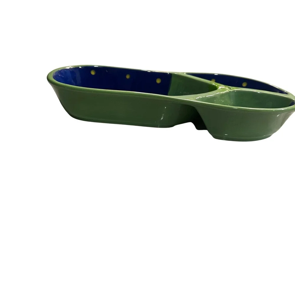 Denniseast Ceramic Flip Flop‎ Divided Serving Dish Blue Yellow Dots Green